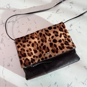 Coach Fold Over Clutch Purse w/ Crossbody Strap | Dark Brown Leather + Calf Hair